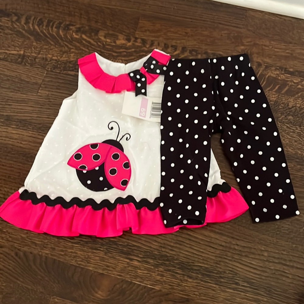 Girl Twinset with Embroidered Ladybug - Size 6-9 Months